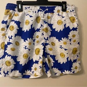 New NWT BooHoo Man Blue White Sunflower Shorts 5" Inseam Size Large